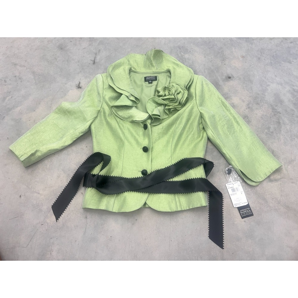 Adrianna Papell Evening Jacket Womens 4P Sage Green Gathered Ruffle Belted NWT